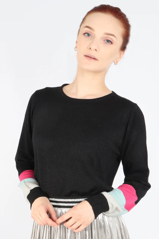 Miss Shorthair Black Rainbow Cuff Lurex Knitted Jumper