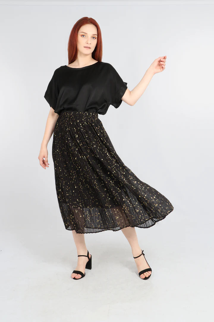 Miss Shorthair Black Gold Constellation Print Pleated Skirt