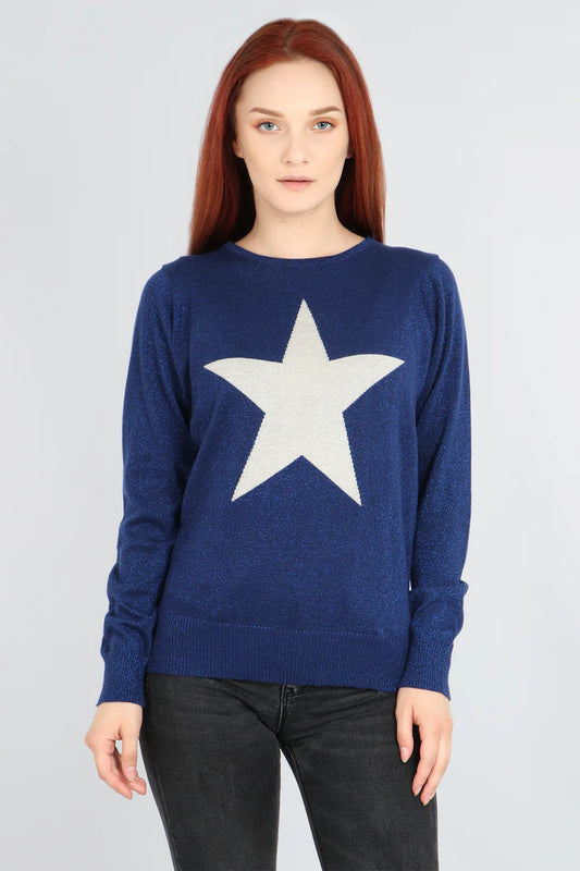 Miss Shorthair Silver Star Detail Lurex Knitted Jumper