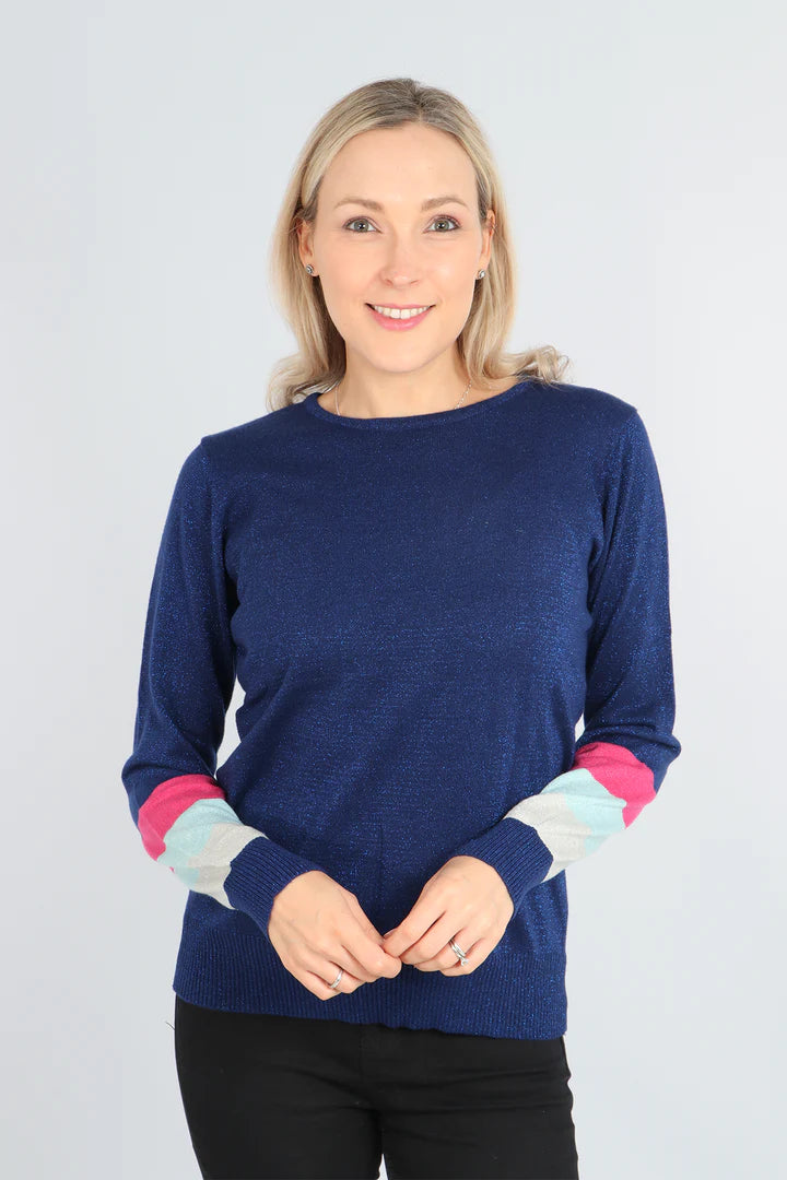 Miss Shorthair Navy Rainbow Cuff Lurex Knitted Jumper