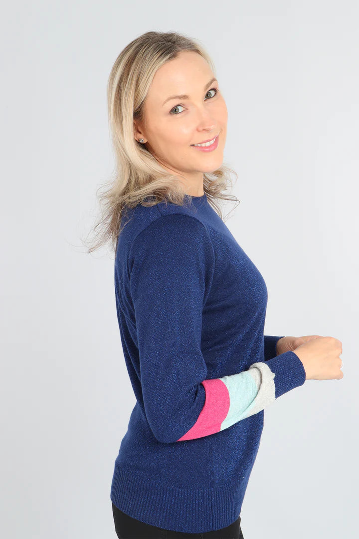 Miss Shorthair Navy Rainbow Cuff Lurex Knitted Jumper