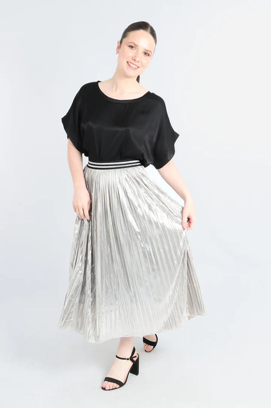 Miss Shorthair Silver Foil Pleated Skirt with Glitter Stripe Waistband