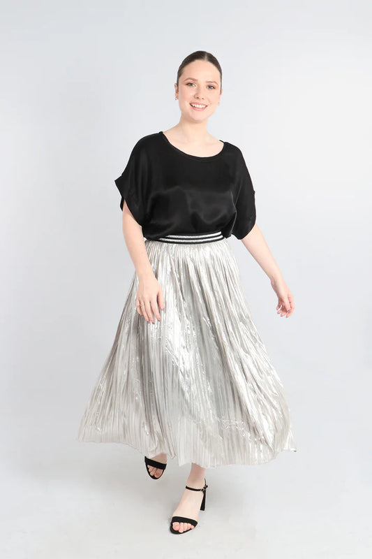 Miss Shorthair Silver Foil Pleated Skirt with Glitter Stripe Waistband