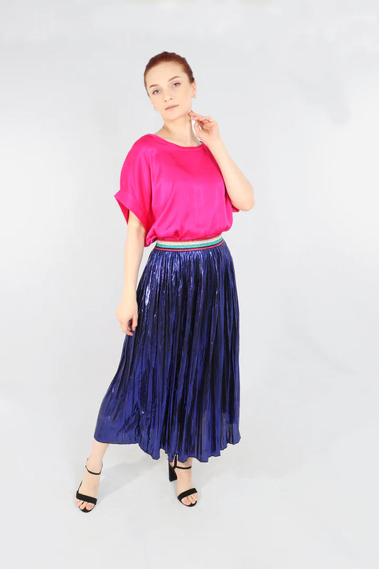 Miss Shorthair Royal Blue Foil Pleated Skirt with Glitter Stripe Waistband