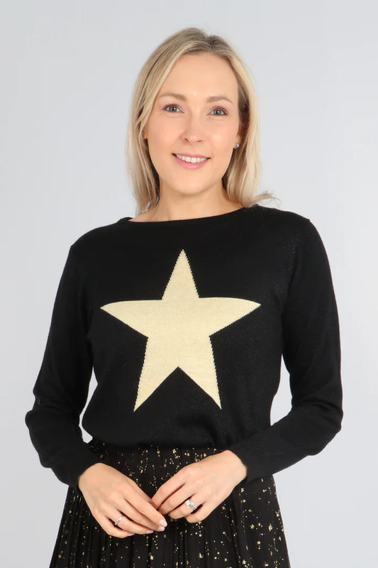 Miss Shorthair Black Gold Star Detail Lurex Knitted Jumper