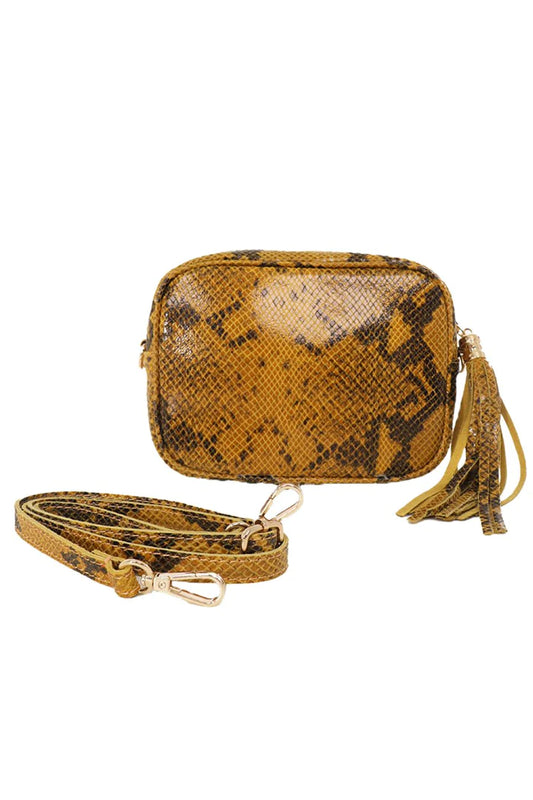 Mustard Snakeskin Effect Leather Cross Body Bag