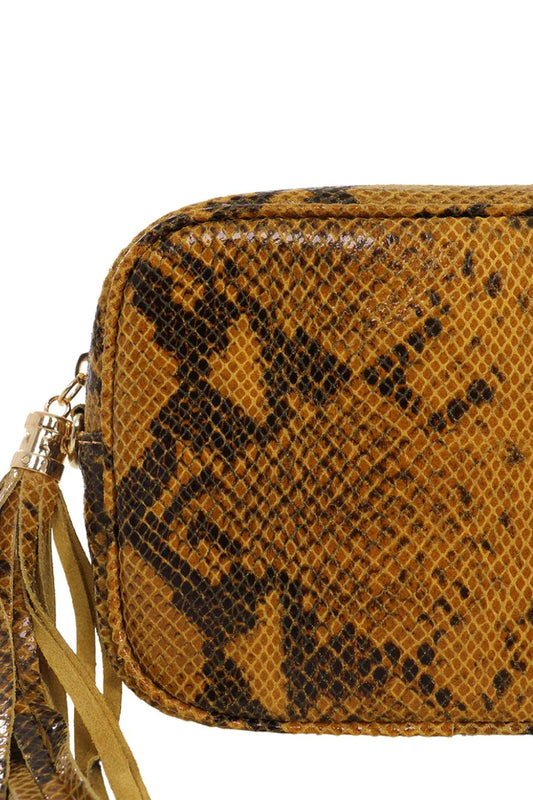 Mustard Snakeskin Effect Leather Cross Body Bag