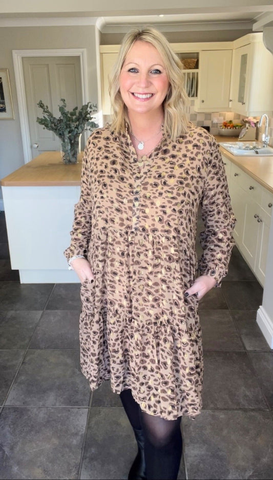 Miss Shorthair Neutral Leopard Print Tiered Midi Dress