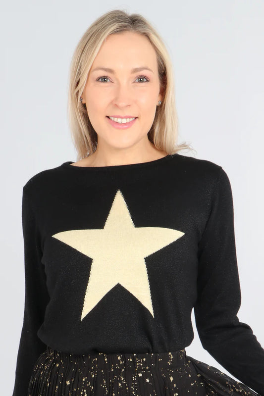 Miss Shorthair Black Gold Star Detail Lurex Knitted Jumper