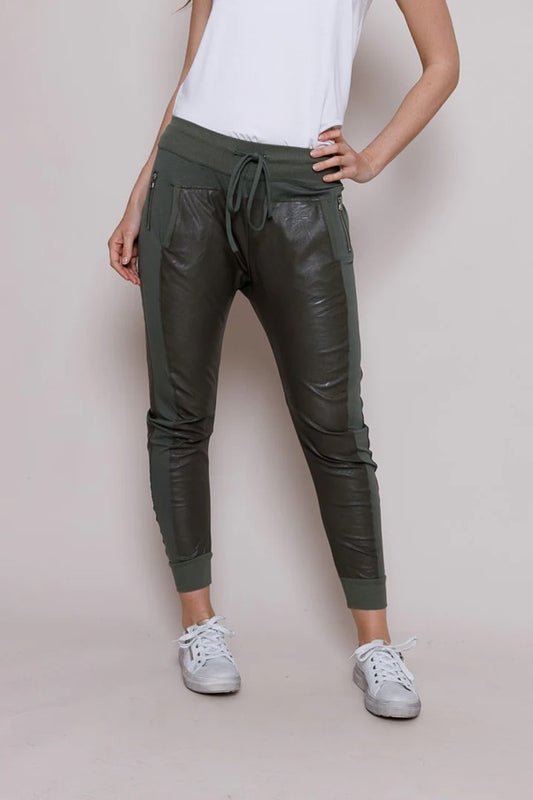 Suzy D Khaki Faux Leather Mix Ultimate Joggers