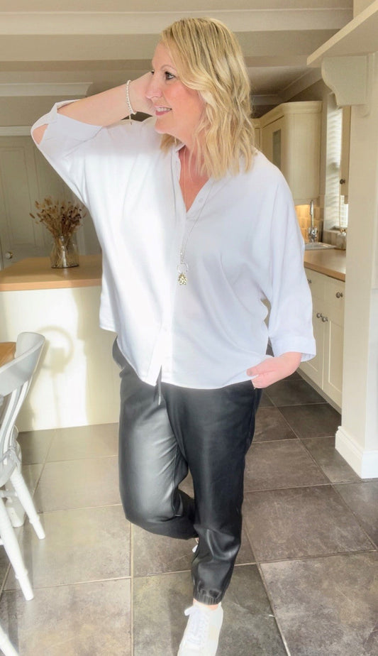 Band Collar Shirt with Bat Wing Sleeves